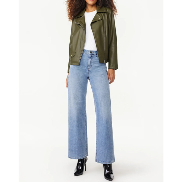 Scoop Womens Faux Leather Moto Jacket Asymmetrical Zip Olive Night Green Size L - Picture 3 of 7